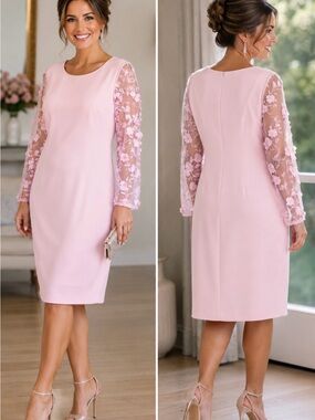 connected apparel Blush Pink Lace-Floral Sleeve Sheath Dress